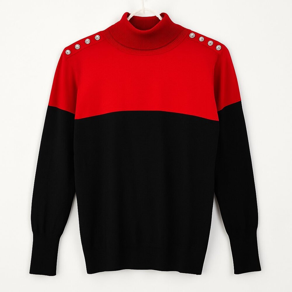 Joseph A Red Black Colorblock Mock Neck Button Shoulder Sweater Large